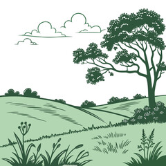 Obraz premium Green landscape with tree, grass, and clouds isolated on