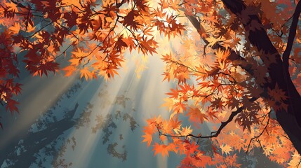 Brilliant orange foliage hangs overhead filtering warm sunlight through tree branches above a shaded forest floor