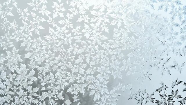 A window with frosted glass and a pattern of snowflakes. The snowflakes are small and scattered throughout the window. Frosted glass surface, christmas white minimal design