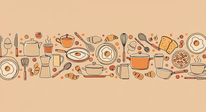 Assortment of kitchen utensils and breakfast items arranged in a horizontal line, illustrative