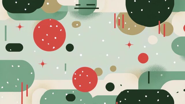 A colorful background with a lot of circles and stars. The circles are red and the stars are white. The background has a green. Frosted minimal holiday scene abstract pattern