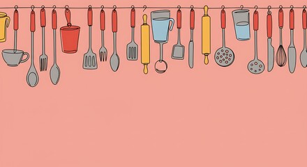 Assortment of kitchen utensils suspended from a line, set against a pink backdrop