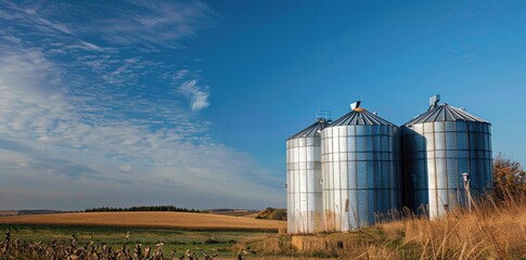Rural Grain Silos Under a Blue Sky with White Clouds