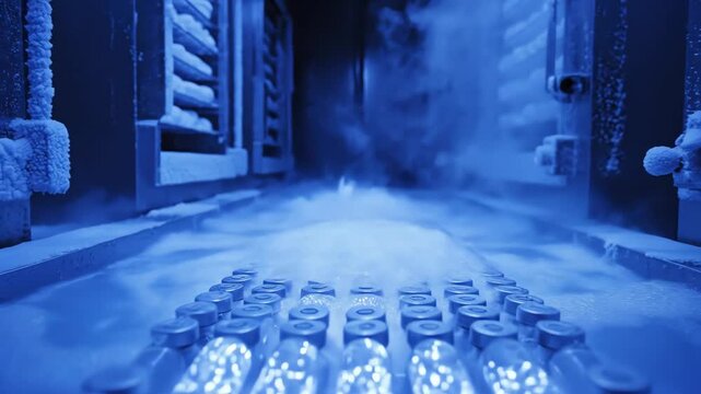 Inside a high-security bio-vault, DNA samples frozen in liquid nitrogen shimmer under ultraviolet light, vapor clouds rolling across steel chambers