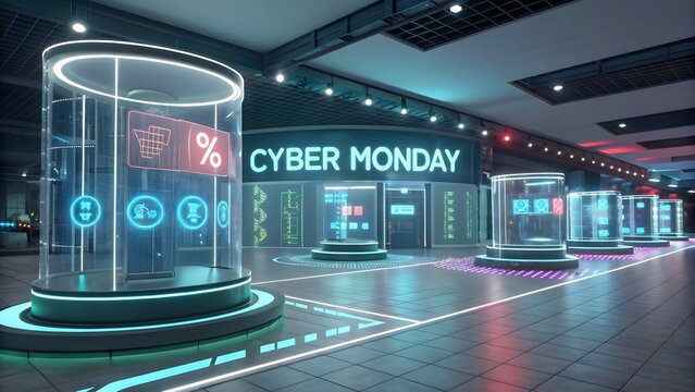 Cyber monday sales event with futuristic displays and neon lights, showcasing special offers and discounts in a modern shopping environment