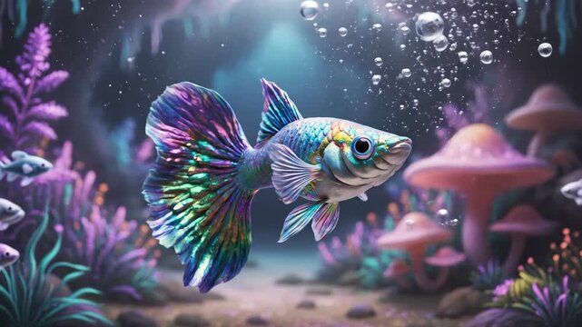 Colorful fish swimming amongst crystals and bubbles underwater digital artwork