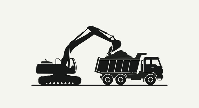A silhouette illustration shows an excavator loading a dump truck with materials, symbolizing construction and earthmoving activities on a worksite.