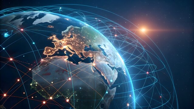 Global network connection and data exchange around the world, internet communication and cloud computing, big data and cybersecurity concept, europe view