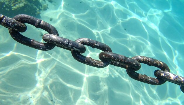 Rusty chain submerged in shallow, clear water