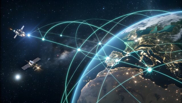 A global network connecting earth with satellites, symbolizing worldwide communication, data transfer, and the interconnectedness of modern technology