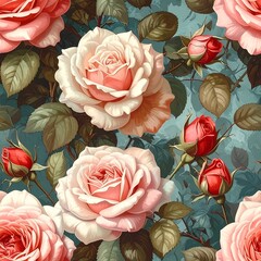 A vibrant seamless pattern showcasing lush roses in varying stages of bloom, with delicate leaves and a teal backdrop
