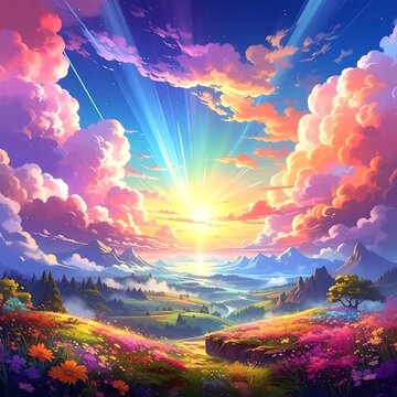 A vibrant, colorful landscape featuring a brilliant sunrise casting rays through fluffy clouds over rolling hills and blooming flowers