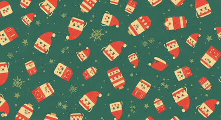 A charming christmas pattern showcasing santa hats, gift boxes, and snowflakes evokes a cozy and festive atmosphere, ideal for seasonal designs