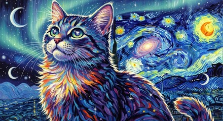 Whimsical Cat Under a Starry Night Sky Aurora.