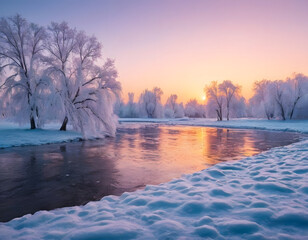 Winter snowy park. Trees in the snow, a frozen river, snowdrifts, and ice. Fantasy winter landscape. A background with a Frosty sunset. 3D illustration. sunrise in the winter forest.