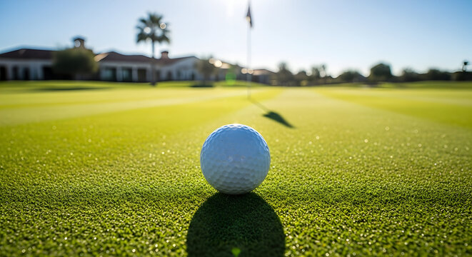 Golf ball on manicured green in sunlight. Ideal for luxury golf resorts sports brands summer events and recreation life promotions 81866662 1
