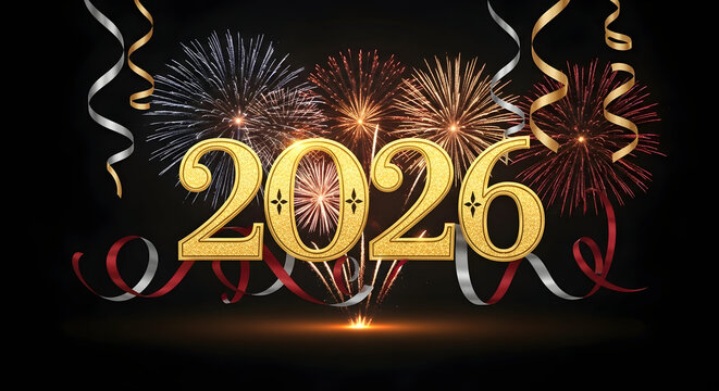 Golden 2026 typography with fireworks and streamers on dark background. Perfect for elegant event flyers luxury party invitations festive posters and holiday marketing 28622342 1