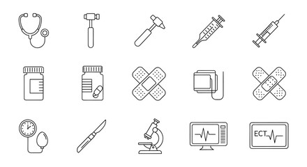 Collection of medical equipment and supplies depicted as line art on white backdrop, symbolizing healthcare, diagnosis, and treatment in a clean, minimalist style.