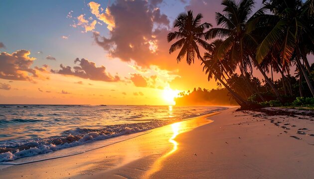 A vibrant sunset casts golden light on a sandy beach. Palm trees line the shore as waves gently lap against the sand. The sky is filled with clouds
