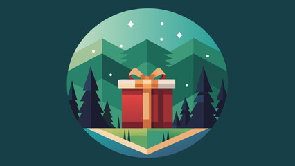 A christmas gift in a forest with stars in the sky