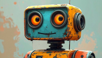 Rusty, friendly robot head close-up