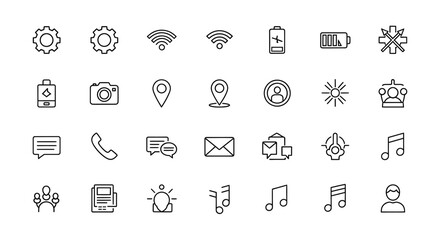 Thin line art depicting various interface elements and symbols on a clean white backdrop, representing modern technology and digital communication.