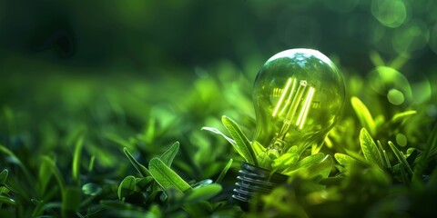 Green Energy Concept: Light Bulb in Lush Foliage