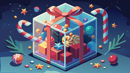 A glass gift box with candies and christmas decorations