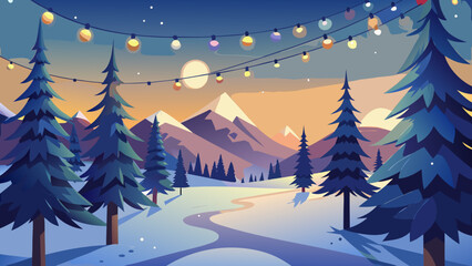 Winter landscape with trees mountains and string lights
