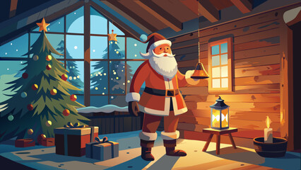 Santa claus in a cabin with christmas tree and gifts