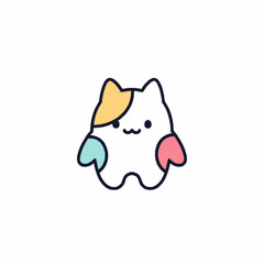 Cute kawaii cat character with colorful spots illustration.