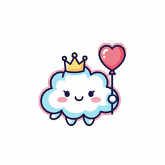 Cute Cloud Princess with Heart Balloon - Whimsical Kawaii Illustration.