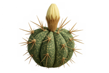 Cactus plant with creamy yellow flower bud opening, growing, spines, green succulent, transparent background