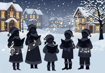 Silhouettes of five children singing Christmas carols in the snow.