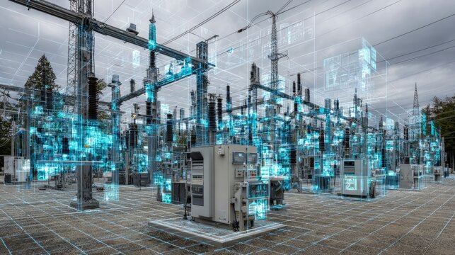 Futuristic Substation With Digital Overlay Representing Energy Management, Technology Integration, and Smart Grid Innovations Under Cloudy Sky
