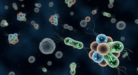 Highly detailed 3d render of microscopic bacteria cells floating in dark background showing microbiology and scientific research concept 90020967 1