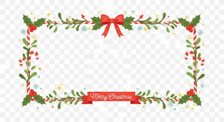 Festive christmas frame with holly, candy canes, and a red bow isolated on, perfect for holiday greetings and invitations