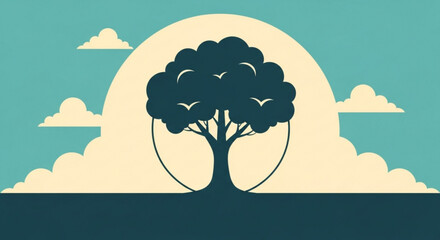Minimalist illustration of a tree silhouette against a sun and cloud background, symbolizing nature, growth, and tranquility