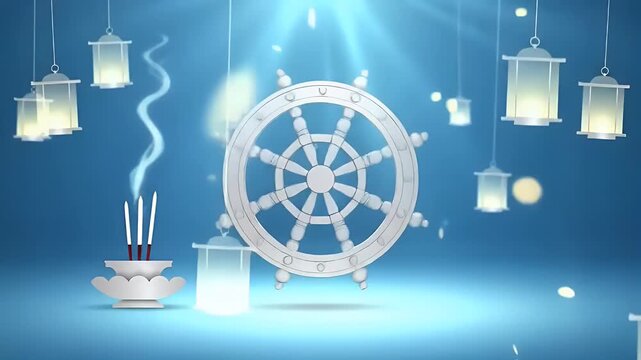 Dharma wheel softly rotating with gentle light beams, incense particles drifting
