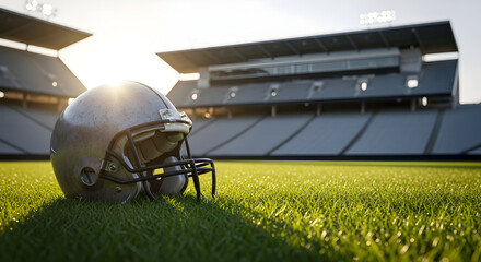 helmet of an American football player on the lawn against the backdrop of the stadium. copy space. ai generative 17083602 1