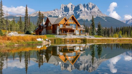 Obraz premium Rustic Mountain Cabin in Scenic Lake Setting with Reflection and Forest Background