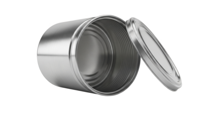 Open stainless steel food container with lid isolated on white background.