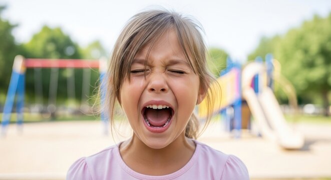 Young girl screaming with eyes closed in a playground.