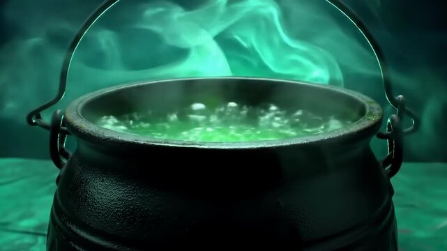 Spooky cauldron brewing green potion, with green steam swirling, perfect for Halloween use