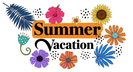 Summer vacation text with colorful flowers and leaves, isolated on white background