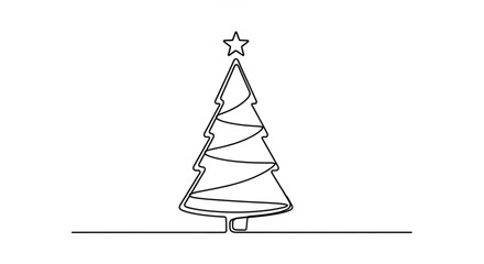 Elegant single line drawing of a christmas tree with a star on top, perfect for minimalist holiday designs, isolated on