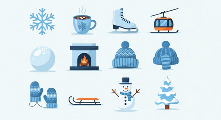 Collection of winter and holiday icons, featuring snowflakes, hot cocoa, ice skates, and cozy winter accessories, isolated on