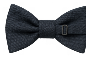 Dark gray bow tie with textured fabric surface and metal buckle, for formal wear, fashion, and accessory concepts