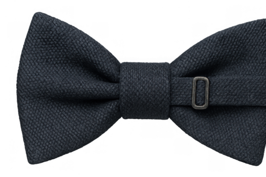 Dark gray bow tie with textured fabric surface and metal buckle, for formal wear, fashion, and accessory concepts