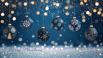 Elegant christmas background with dark blue ornaments, bokeh lights, and a festive merry christmas message, perfect for holiday greetings and decorations
